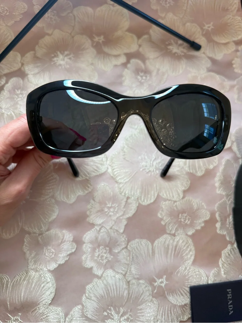 Prada SPR 19M Sunglasses Translucent Black Rectangle Cat Eye Made in Italy